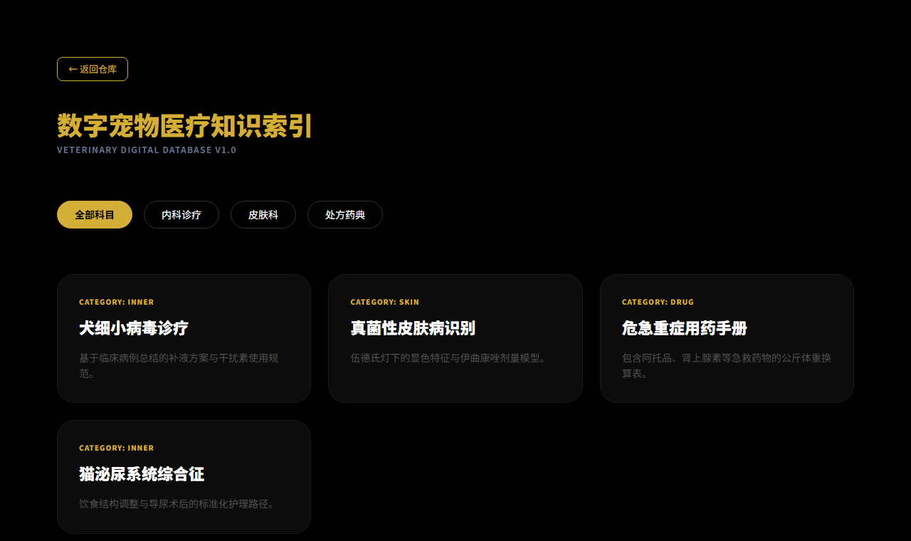 数字宠物医疗知识库界面截图